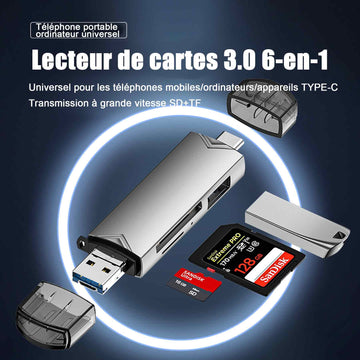 Lecteur de carte sd 6 en 1 USB 3.0 type-c double fente pour carte transmission à grande vitesse compatible téléphone et ordinateur